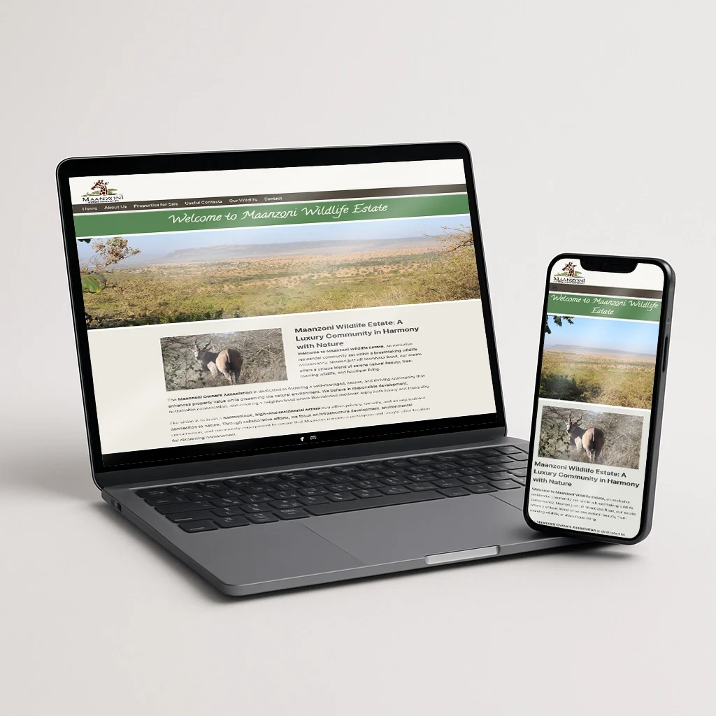 Web mockup with Laptop and smart phone showing Maanzoni Wildlife Estate website